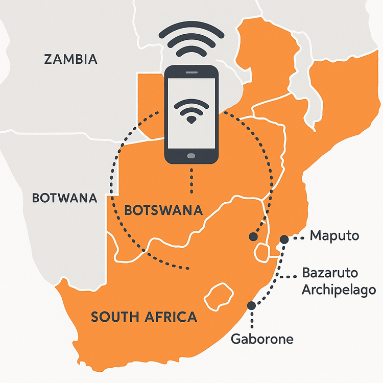 Map of Southern Africa showing Yoho Mobile eSIM coverage in Mozambique and Botswana for travelers.