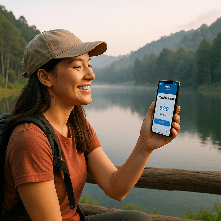 Traveler using Yoho Mobile eSIM on her phone while enjoying the view at Pang Ung, Thailand.