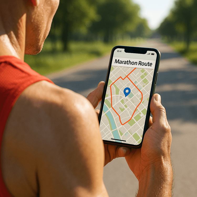 A runner using their smartphone with a reliable eSIM data plan to navigate the marathon course map before the race.