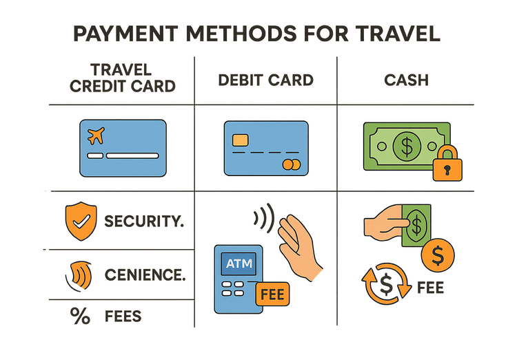 An infographic comparing the security, convenience, and fees of using credit cards, debit cards, and cash for international travel.