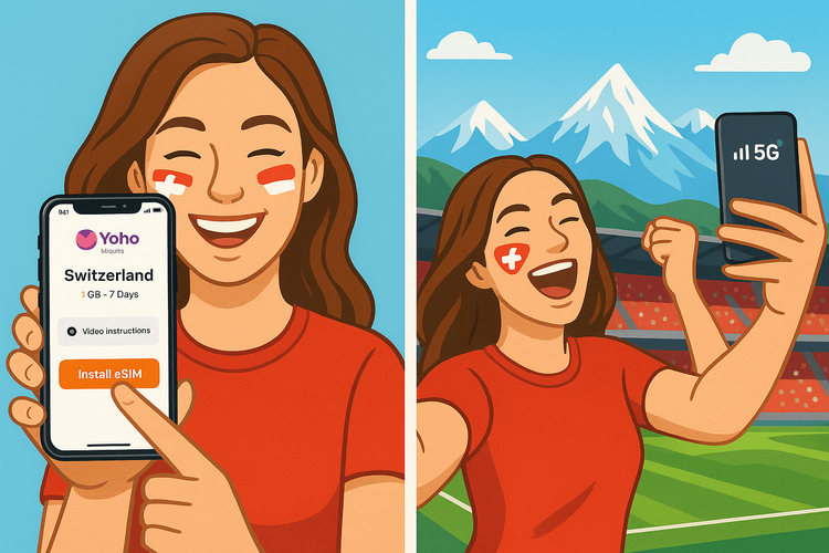 Illustration showing the simple two-step process of installing a Yoho Mobile eSIM for a trip to Switzerland.