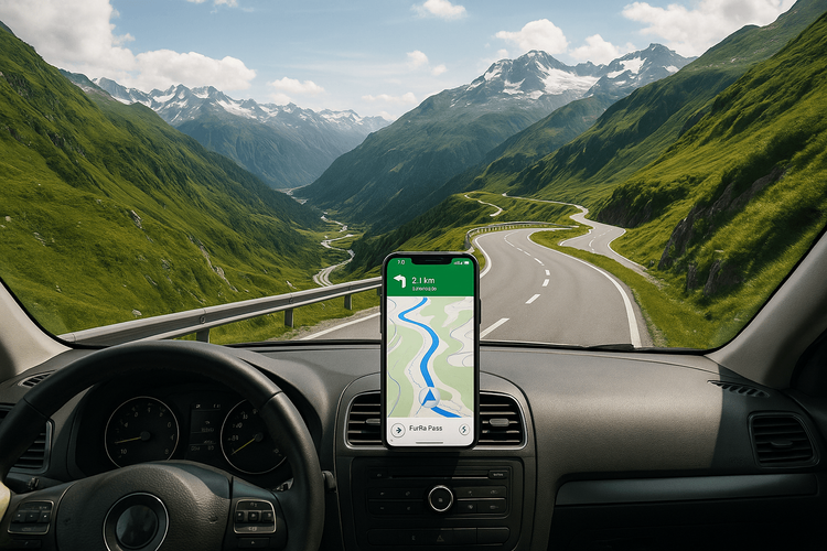 A driver's view of a scenic Swiss mountain pass with a smartphone displaying a GPS navigation map on the dashboard.