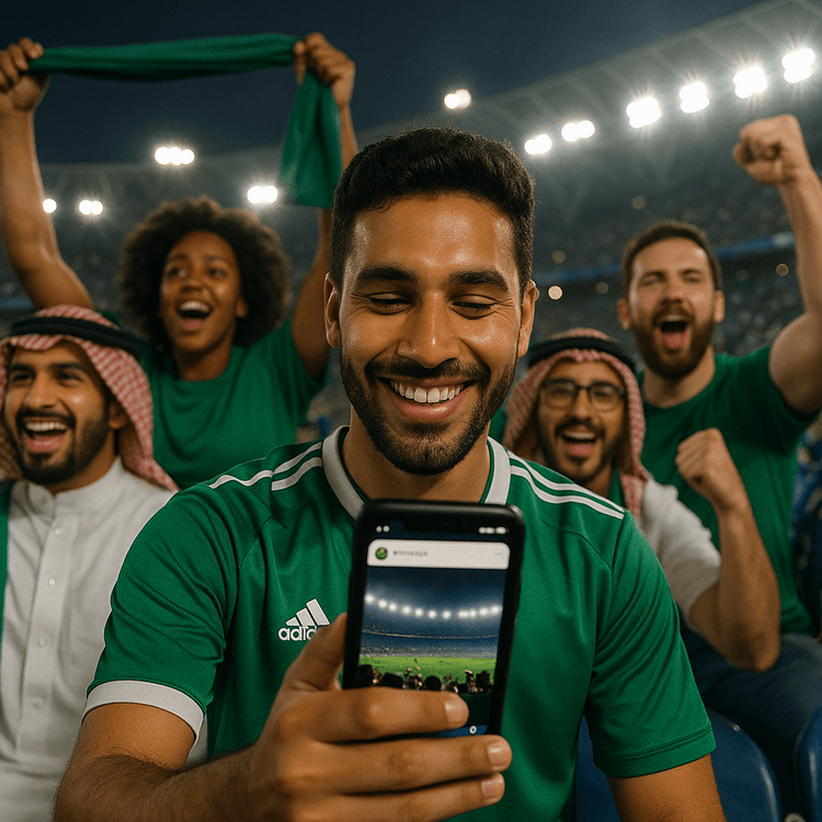 A football fan using a Yoho Mobile eSIM on their phone to share moments live from a Cristiano Ronaldo match in Riyadh.