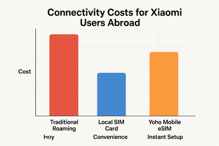 A comparison chart showing the cost and convenience benefits of Yoho Mobile eSIM over traditional roaming and local SIM cards for Xiaomi users.