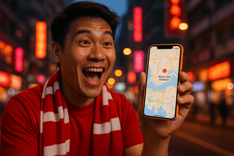 A football fan using a Yoho Mobile eSIM on their phone to navigate to a Hong Kong Premier League match.