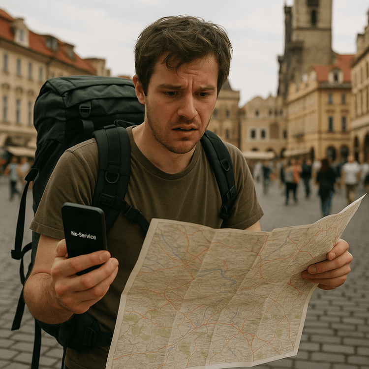 A backpacker looking lost with a paper map in a European square, illustrating a common travel mistake.