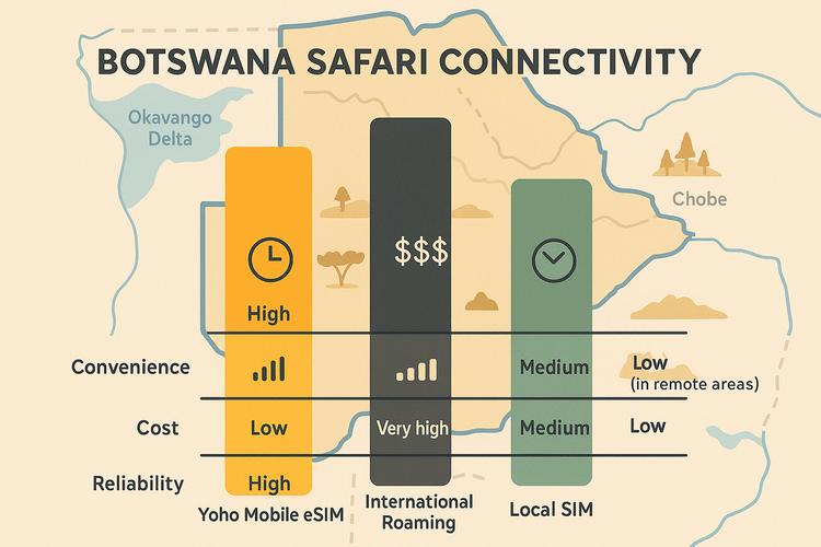 An infographic comparing the cost, convenience, and reliability of Yoho Mobile eSIM against international roaming and local SIM cards for a Botswana safari.