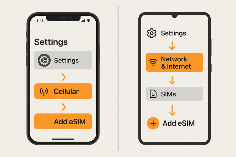 A diagram comparing the steps to find the Add eSIM option in the settings of an iPhone and an Android phone.