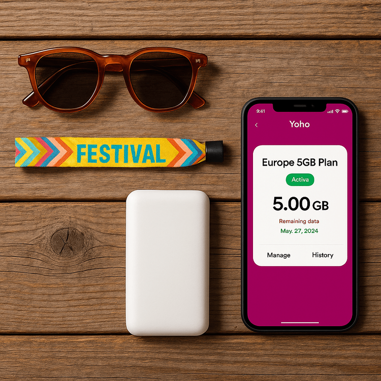 Festival essentials including a power bank and a smartphone with the Yoho Mobile eSIM app.