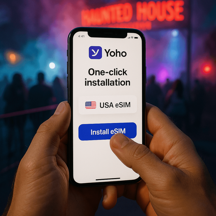 A person easily installing a Yoho Mobile eSIM on their iPhone while in line at Halloween Horror Nights Orlando.