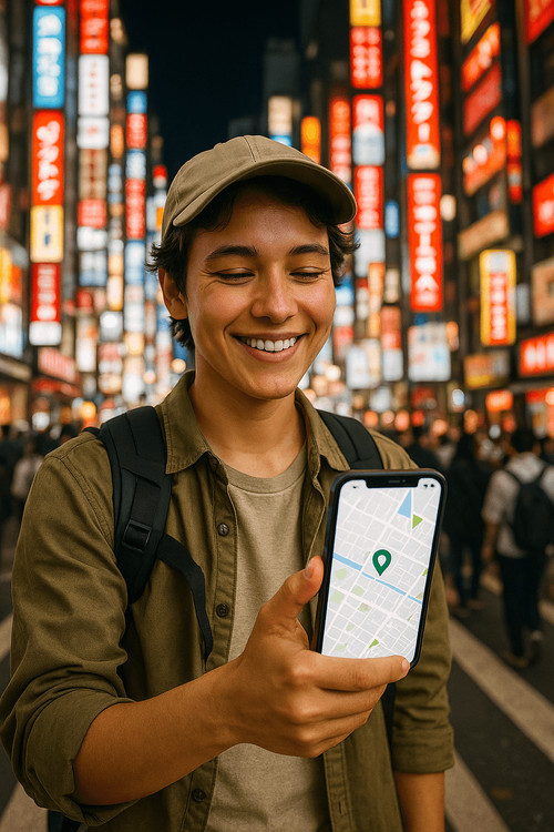 Traveler happily using their phone for navigation in Tokyo, thanks to instant eSIM connectivity.