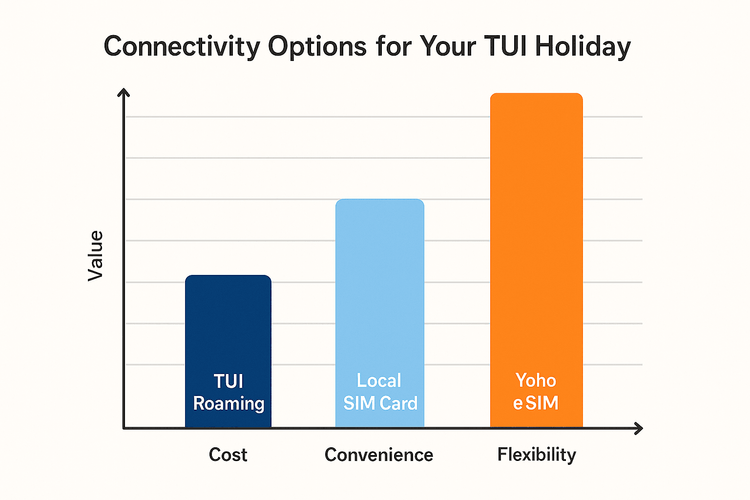 A bar chart comparing TUI Roaming, Local SIM Cards, and Yoho Mobile eSIM on cost, convenience, and flexibility, showing Yoho eSIM as the best value.