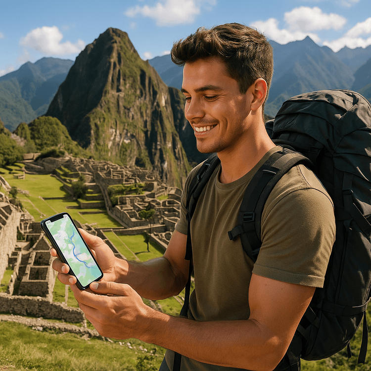 A backpacker happily using his phone with a strong connection from Yoho Mobile eSIM at Machu Picchu, Peru.