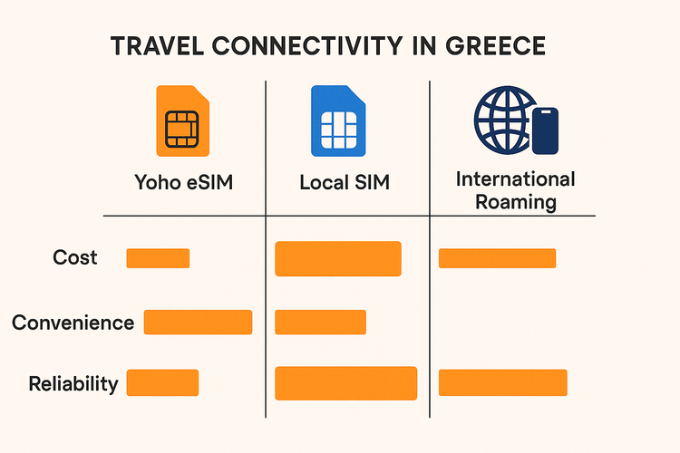 An infographic comparing the cost, convenience, and reliability of Yoho eSIM, local SIM cards, and international roaming for travel in Greece.