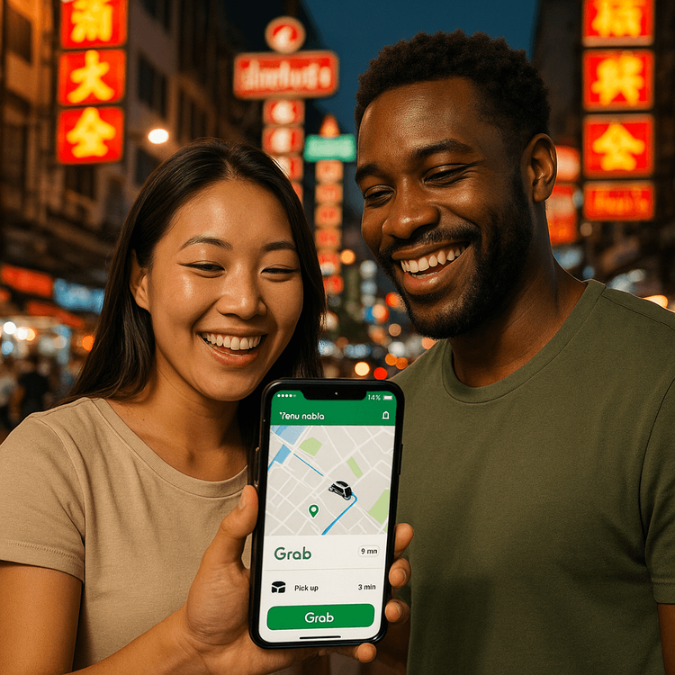 A couple happily using the Grab ride-sharing app in Southeast Asia, connected with Yoho Mobile eSIM.
