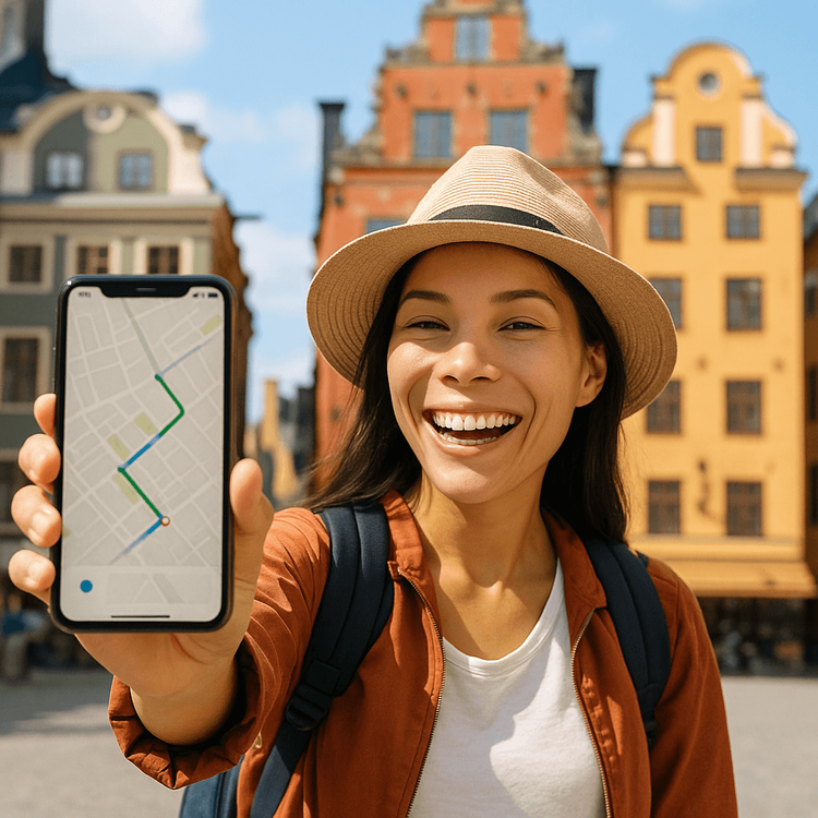 A traveler using her Yoho Mobile eSIM for navigation on her phone in the old town of Stockholm, Gamla Stan.