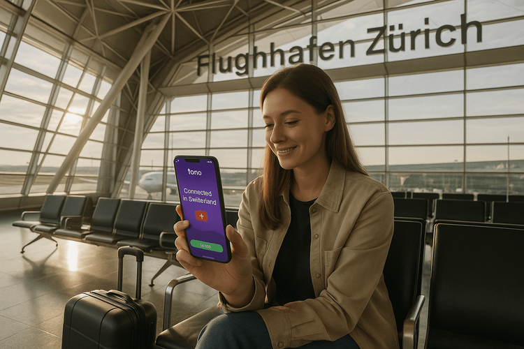 A traveler using a Yoho Mobile eSIM for instant internet access at Zurich Airport (ZRH).