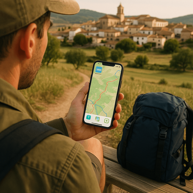 A hiker uses their phone with a Yoho Mobile eSIM for navigation on the Camino de Santiago.