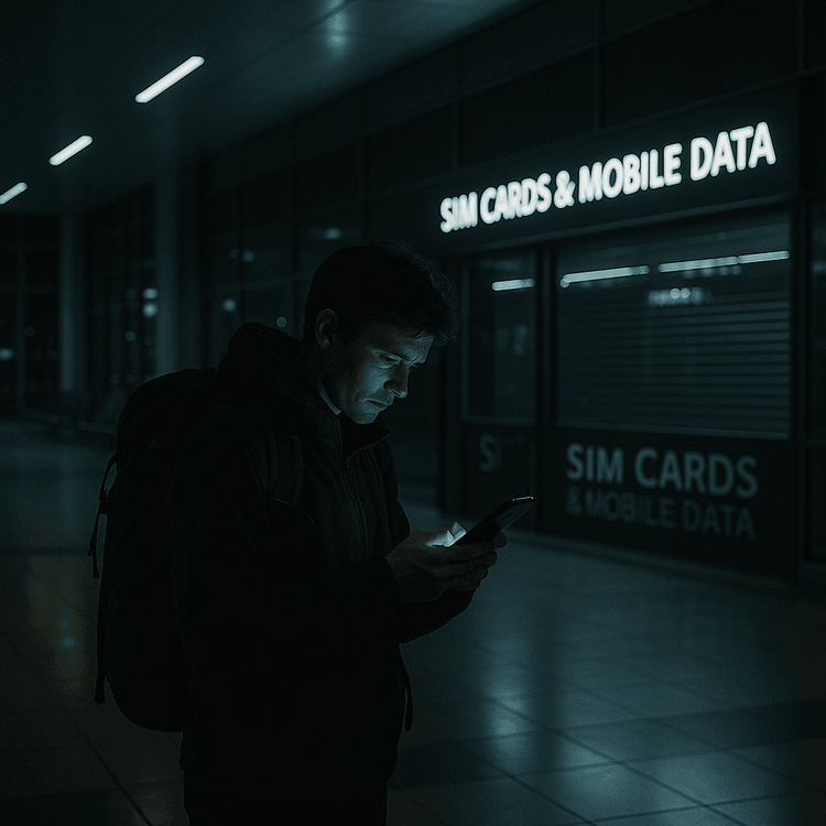 A traveler in an empty airport at night, worried about getting internet as the SIM card shops are closed.