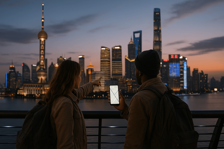 Travelers using a map app on their smartphone to navigate while overlooking the Shanghai skyline, illustrating the use of apps that work in China.