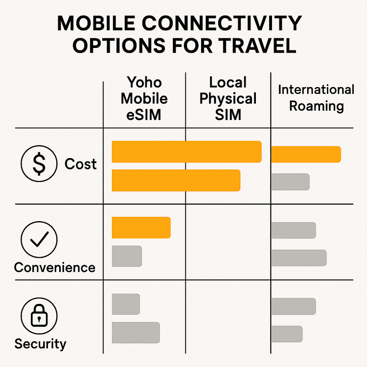A chart comparing the cost, convenience, and security of Yoho Mobile eSIM vs. local SIM cards and international roaming for travelers.