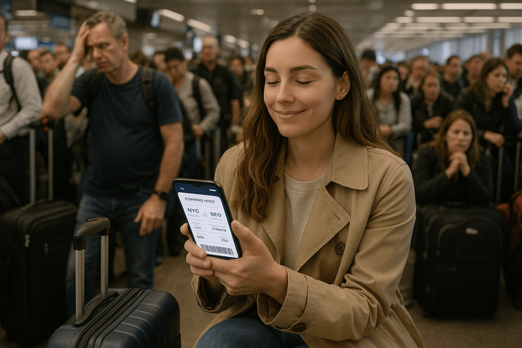 A traveler calmly uses her smartphone to rebook a flight, avoiding long queues at the airport during a flight cancellation.
