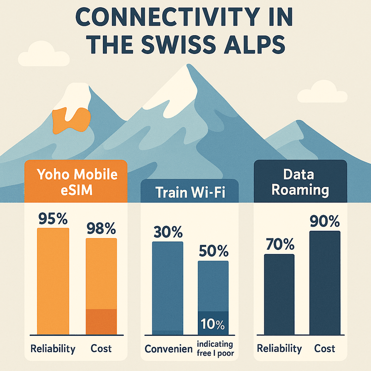 Comparison chart showing Yoho Mobile eSIM is more reliable and convenient for travel in the Swiss Alps compared to train Wi-Fi and data roaming.
