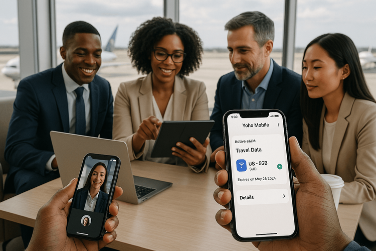 A business team stays productive while traveling internationally, thanks to reliable global data from their Yoho Mobile business eSIMs.