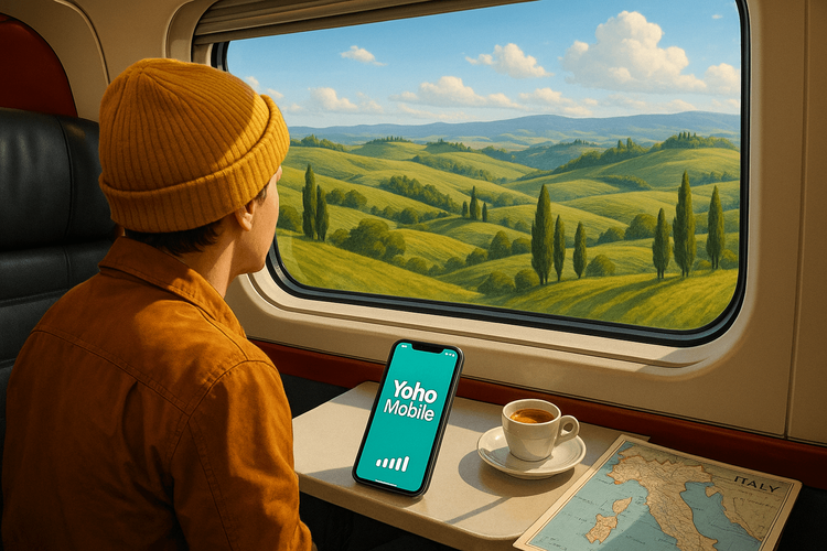 Traveler using a Yoho Mobile eSIM on a high-speed train in Tuscany, Italy.