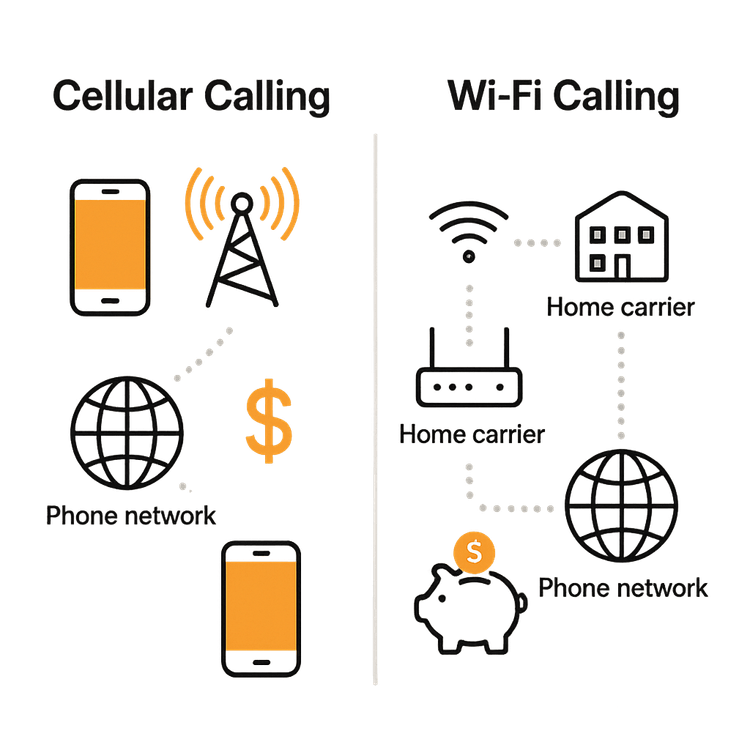 Diagram comparing how cellular calling uses cell towers versus how Wi-Fi calling uses the internet to save money.