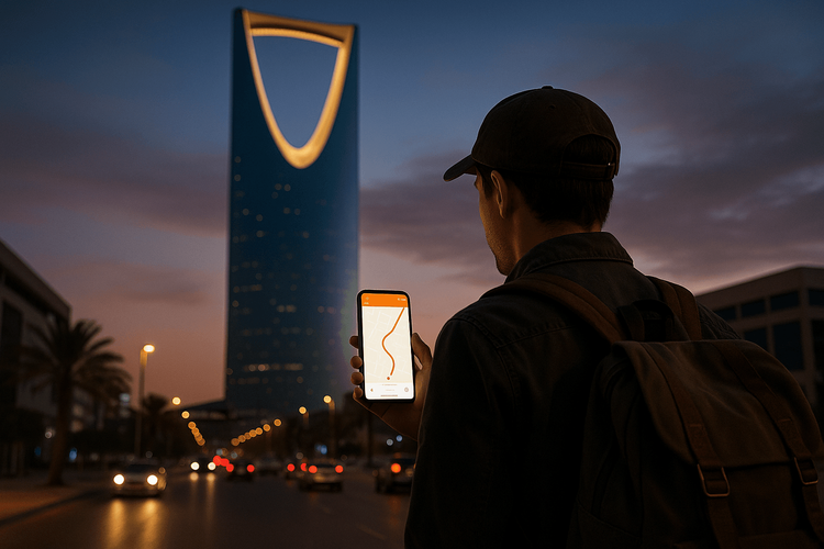 A traveler using a Yoho Mobile eSIM for navigation in front of the Kingdom Centre in Riyadh.