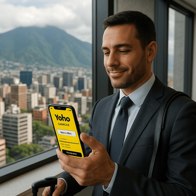Business traveler using a Yoho Mobile eSIM on their smartphone in a Caracas office.