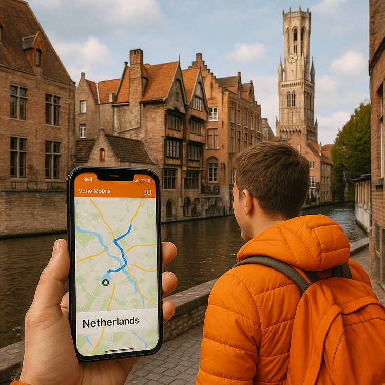 A traveler using a Yoho Mobile eSIM for navigation in Bruges, Belgium, showcasing seamless Benelux connectivity.