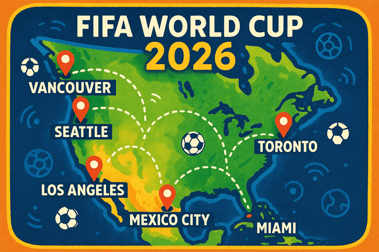An illustrative map of the USA, Canada, and Mexico showing the host cities for the FIFA World Cup 2026.
