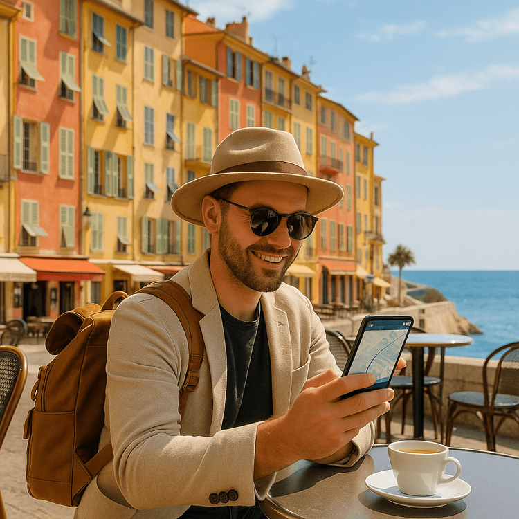 A traveler enjoying seamless connectivity with a Yoho Mobile eSIM at a cafe in Nice, French Riviera.