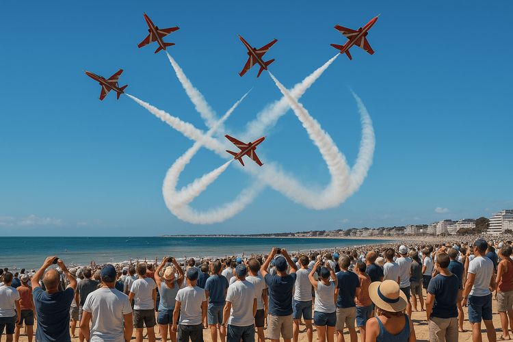Spectators on La Baule beach watching jets perform at the international airshow under a sunny sky.