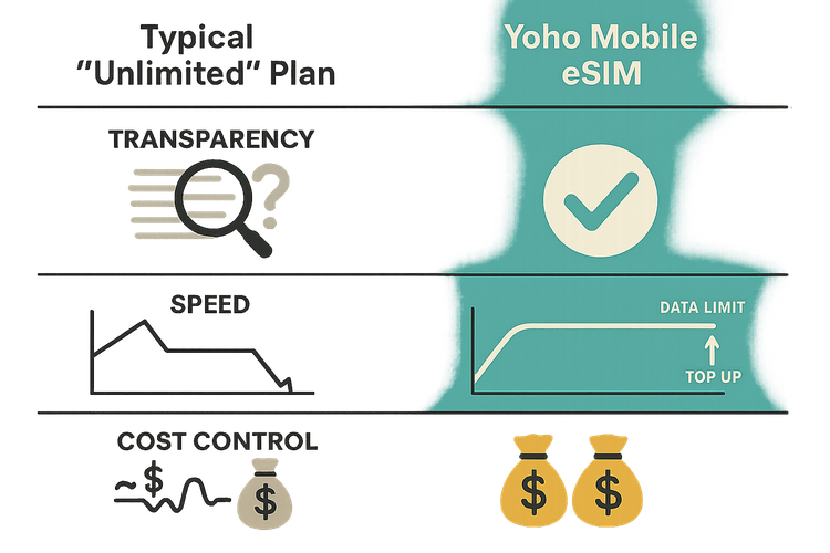 Comparison chart showing the benefits of a Yoho Mobile eSIM's transparency and cost control versus a typical 'unlimited' data plan with hidden policies.