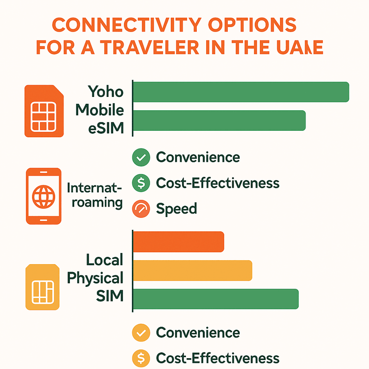 Infographic comparing the cost, convenience, and speed of Yoho Mobile eSIM vs. roaming and local SIMs in the UAE.