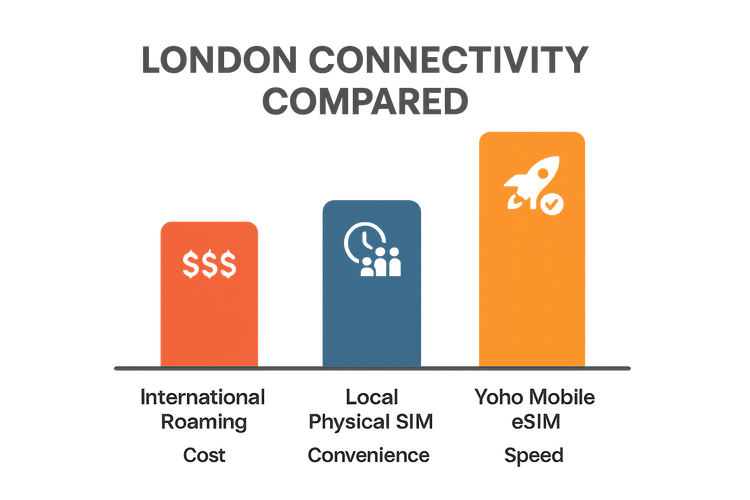 Infographic comparing the cost and convenience of International Roaming, Local SIM cards, and a Yoho Mobile eSIM for London.