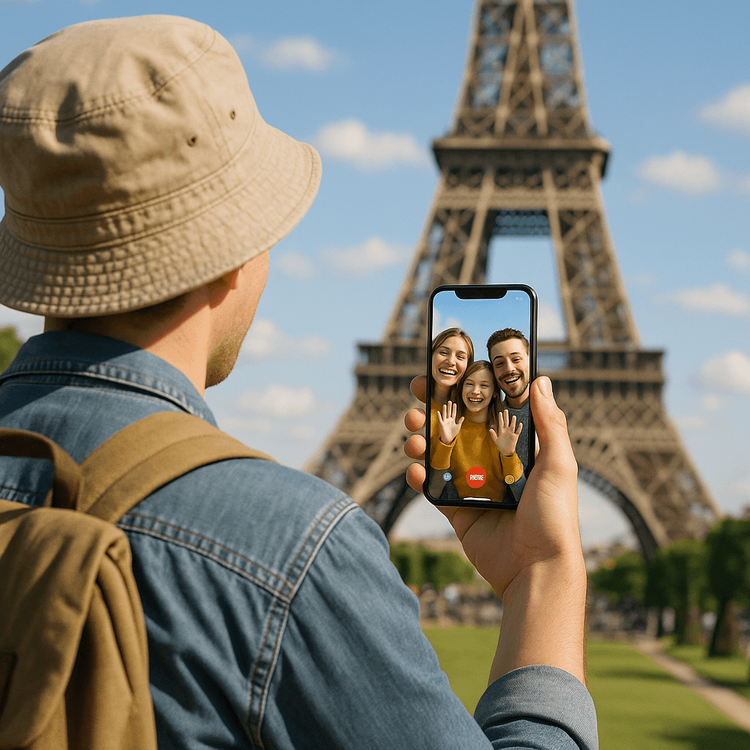 A traveler using a 5G eSIM for a clear video call while traveling in Paris.