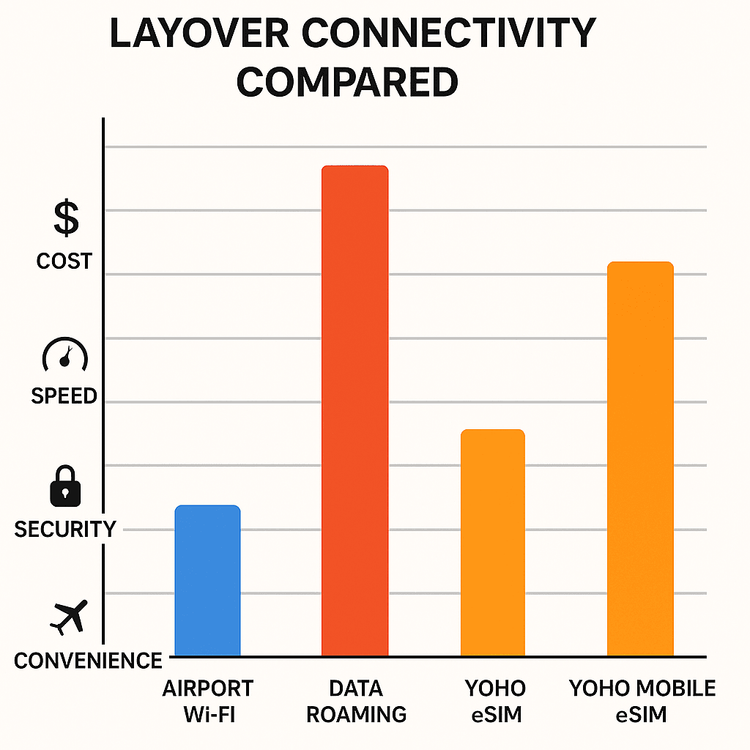 Infographic comparing the cost, speed, and security of Yoho Mobile eSIM versus airport Wi-Fi and data roaming.