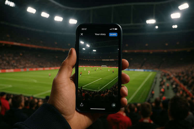 A football fan using a phone with Yoho Mobile eSIM to share their experience at an Ajax match in the Johan Cruyff Arena.