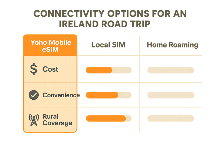 Infografía que compara el coste, la comodidad y la cobertura rural de la eSIM de Yoho Mobile, las SIM locales y el roaming para Irlanda.
