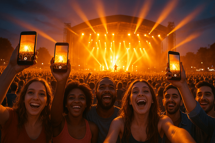 A group of fans enjoying an international concert, using their phones to capture the moment, highlighting the importance of staying connected.