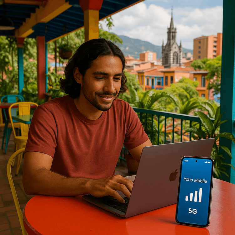 A digital nomad staying connected in Colombia with a Yoho Mobile South America eSIM.