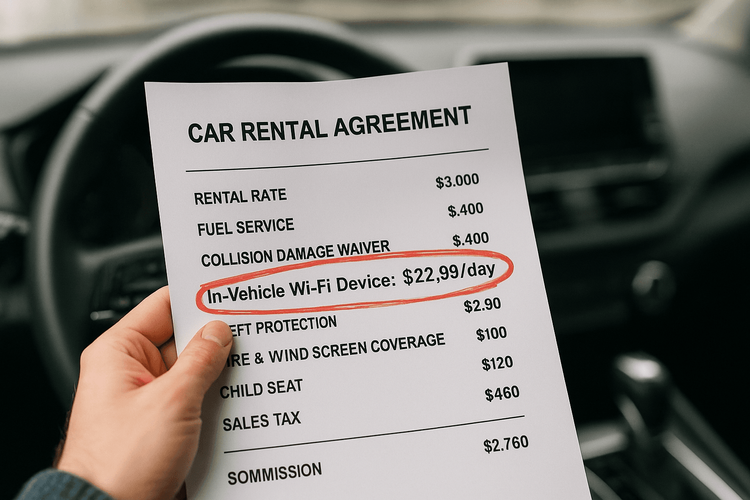 A car rental receipt showing the high daily cost of in-car Wi-Fi service.