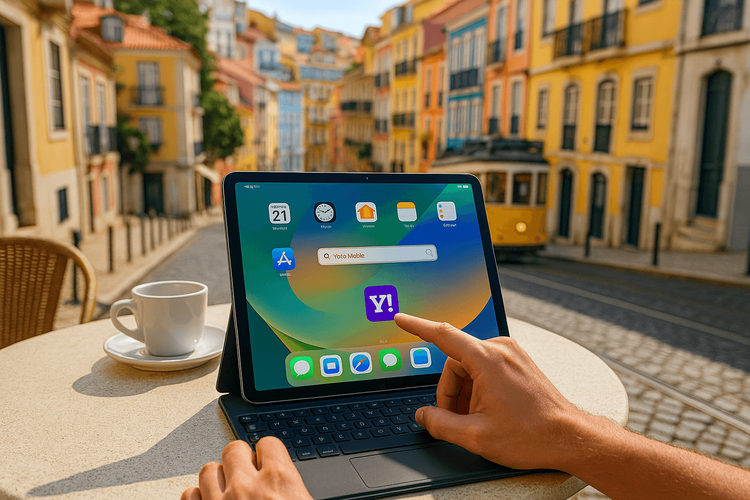 A digital nomad using a Yoho Mobile eSIM on their iPad to work from a cafe in Lisbon.