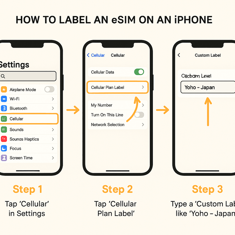A step-by-step guide on how to change the eSIM label on an iPhone in the settings menu.