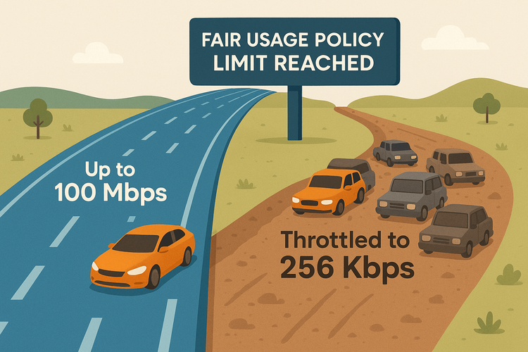 Illustration showing how data throttling drastically reduces internet speed after a Fair Usage Policy limit is reached.