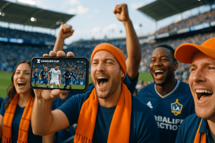 A football fan cheering at a Leagues Cup match in Los Angeles while using a Yoho Mobile eSIM for fast data on their smartphone.